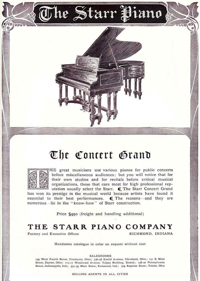 A 1907 advertisement for the Starr Concert Grand piano