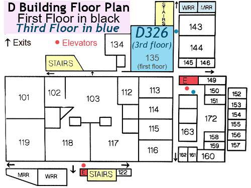 Diagram showing general layout of first floor of the D building, with overlay of corresponding parts of the third floor, where the planetarium is located