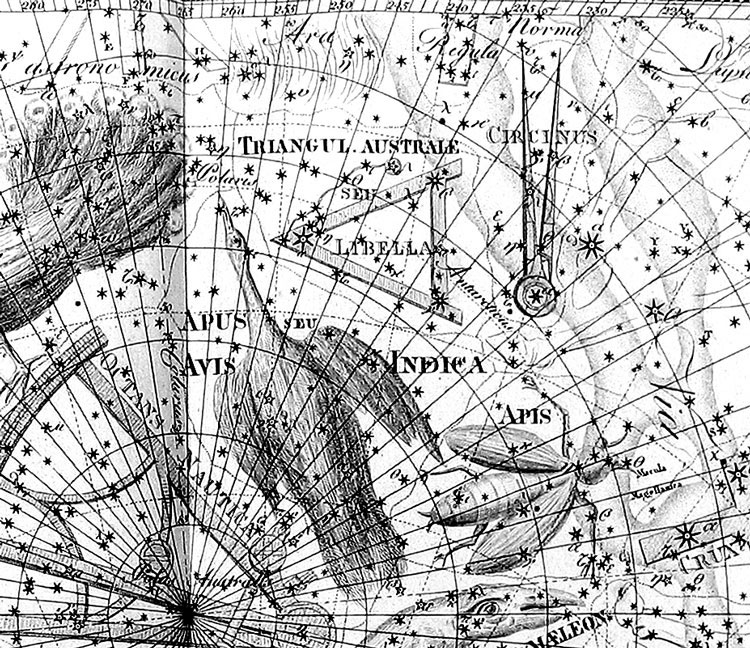 Portion of Bode's Uranographia showing the region near Triangulum Australe