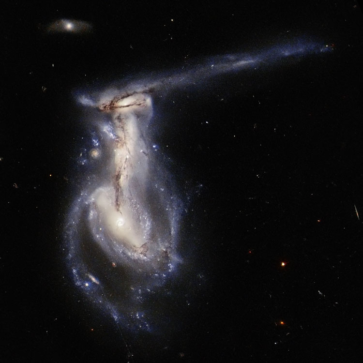HST image of the interacting triplet of galaxies known as Arp 195, also showing their northwestern extension