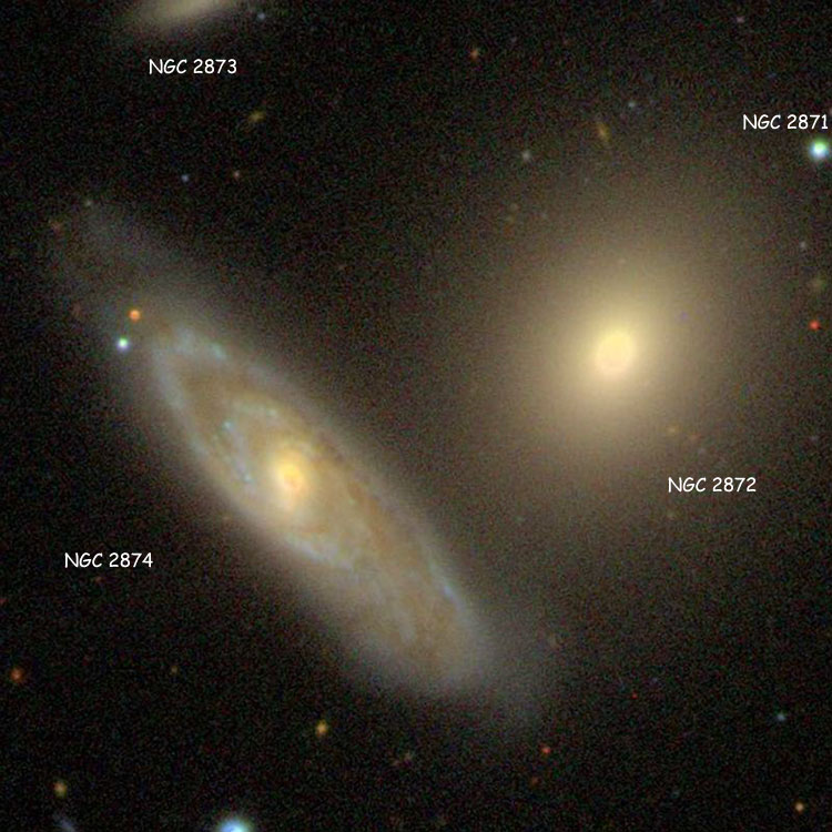 Labeled SDSS image of elliptical galaxy NGC 2872 and spiral galaxy NGC 2874, with which it comprises Arp 307