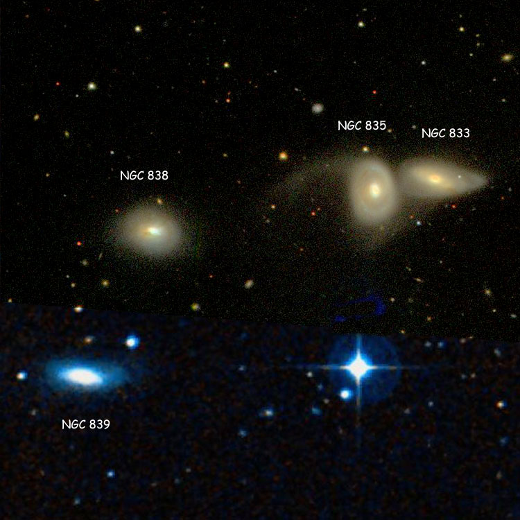 SDSS image of region near NGC 833, NGC 835, NGC 838 and NGC 839, collectively also known as Arp 318 or Hickson Compact Group 16, overlaid on a DSS background to fill in missing regions