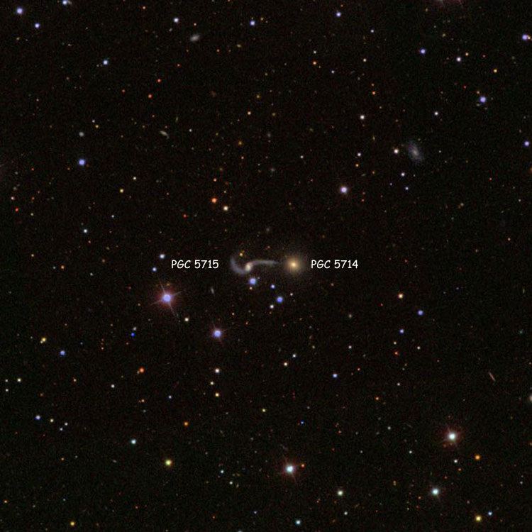 SDSS image of region near spiral galaxy PGC 5715 and lenticular galaxy PGC 5714, which comprise Arp 98
