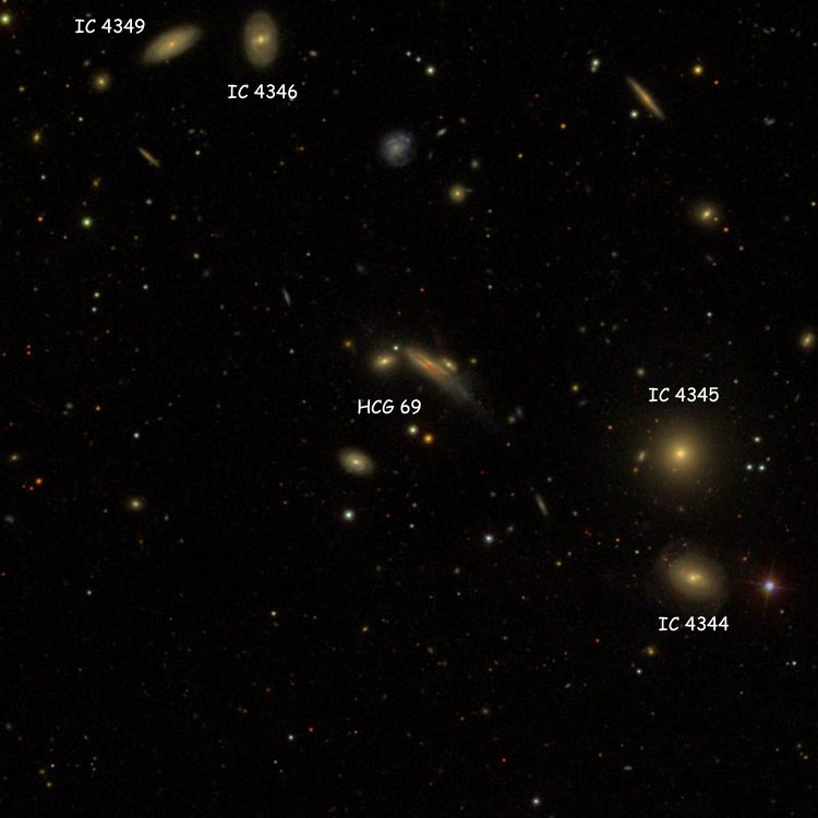 SDSS image of region near Hickson Compact Group 69, also showing IC 4344 and IC 4345