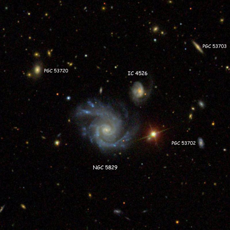 SDSS image of Hickson Compact Group 73, showing the members' NGC/IC/PGC designations
