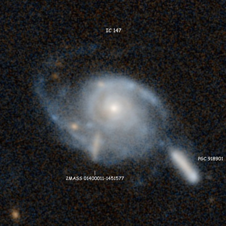 DSS image of spiral galaxy IC 147, also showing PGC 918901 and 2MASS 01400011-1451577