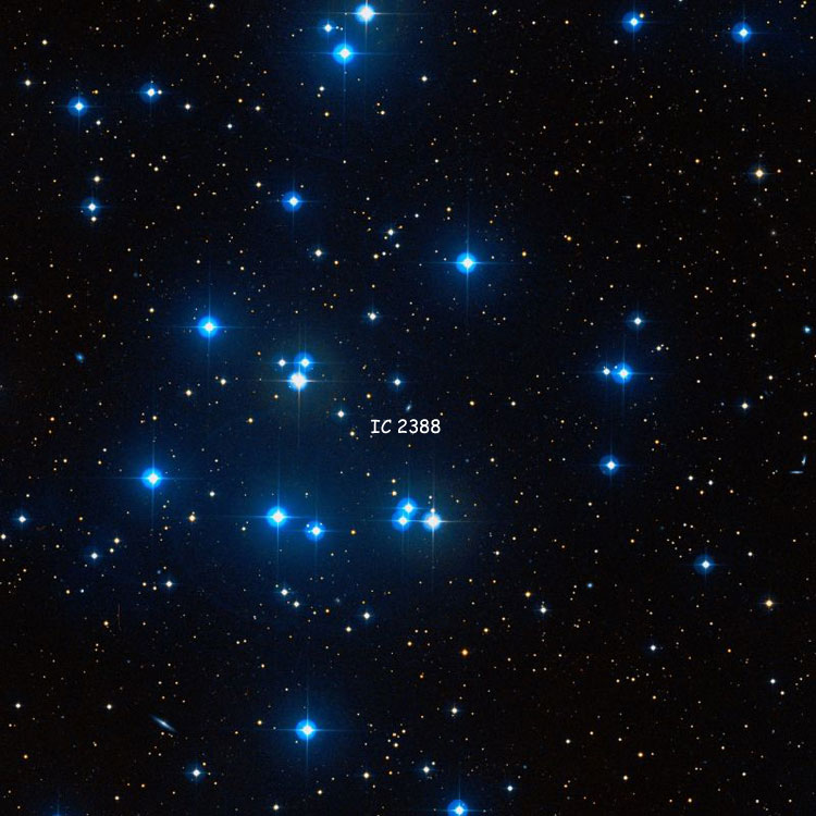 DSS image showing the location of spiral galaxy IC 2388 within (that is, behind) open cluster M44