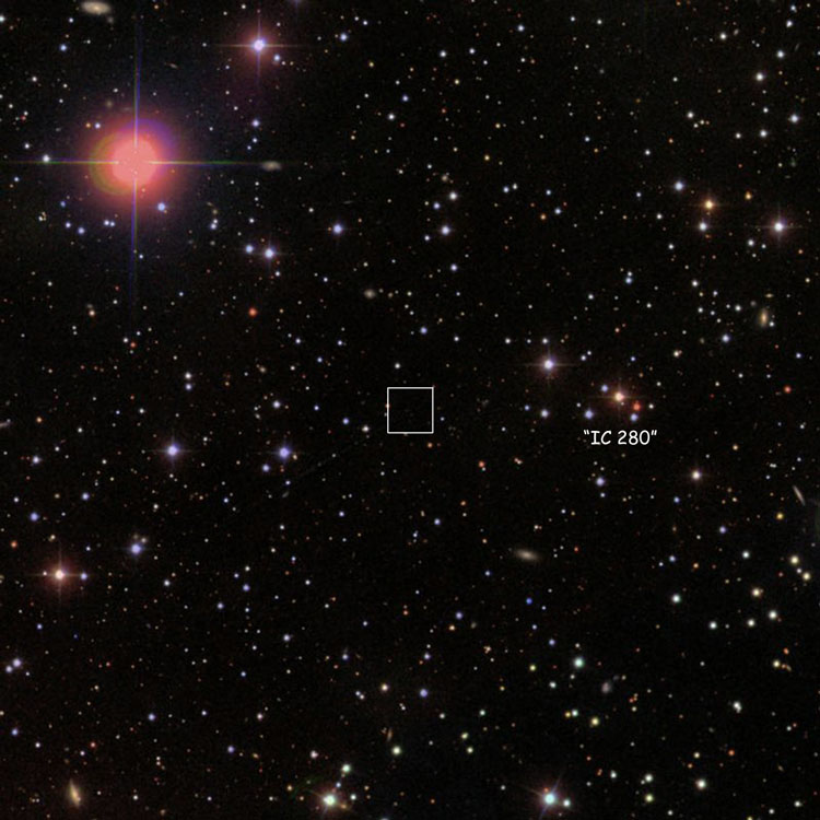 SDSS image of region near Swift's position for the lost or nonexistent IC 280, also showing the group of stars generally assumed to be what he recorded