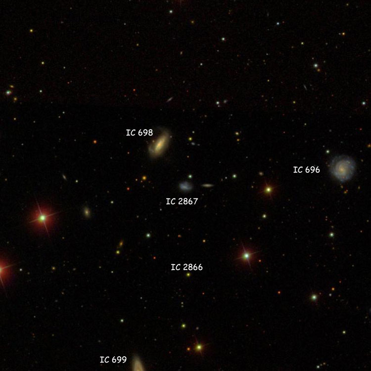 SDSS image of region near spiral galaxy IC 2867, also showing IC 696, IC 698, IC 699, and the star listed as IC 2866