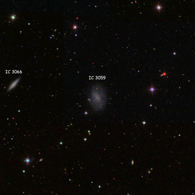 SDSS image of region near irregular galaxy IC 3059, also showing spiral galaxy IC 3066