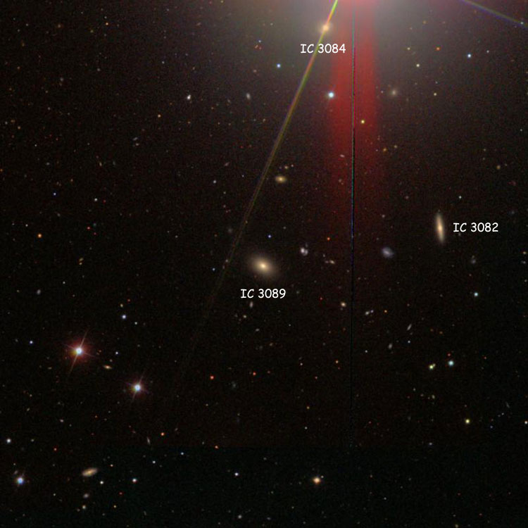 SDSS image of region near lenticular galaxy IC 3089, also showing elliptical galaxy IC 3084 and spiral galaxy IC 3082