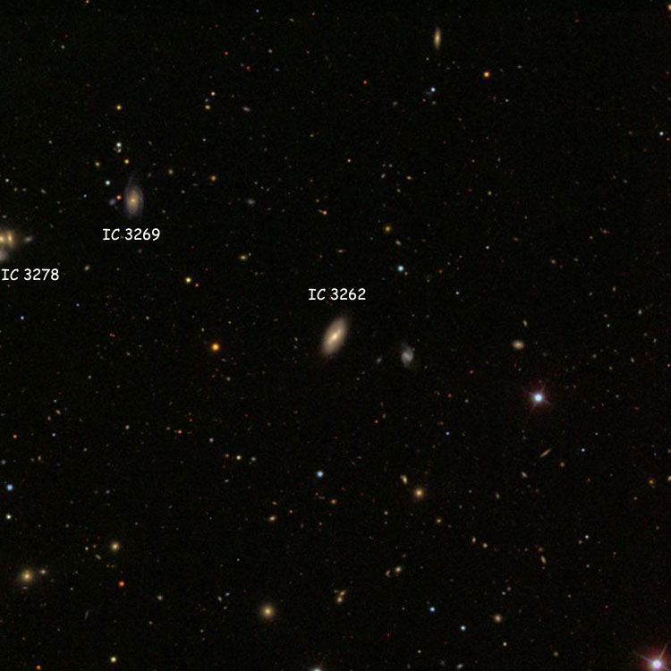 SDSS image of region near spiral galaxy IC 3262, also showing spiral galaxy IC 3269 and galaxy triplet IC 3278