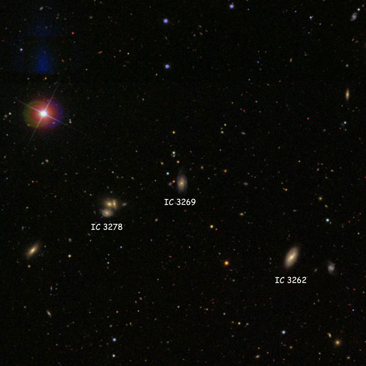 SDSS image of region near spiral galaxy IC 3269, also showing spiral galaxy IC 3262 and galaxy triplet IC 3278