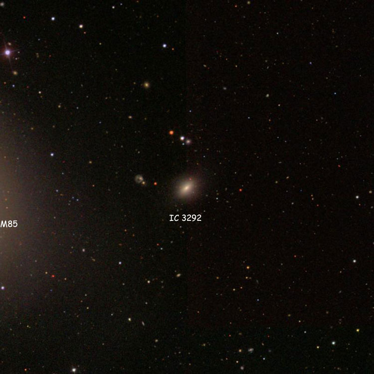 SDSS image of region near lenticular galaxy IC 3292, also showing the western outline of lenticular galaxy NGC 4382, also known as M85