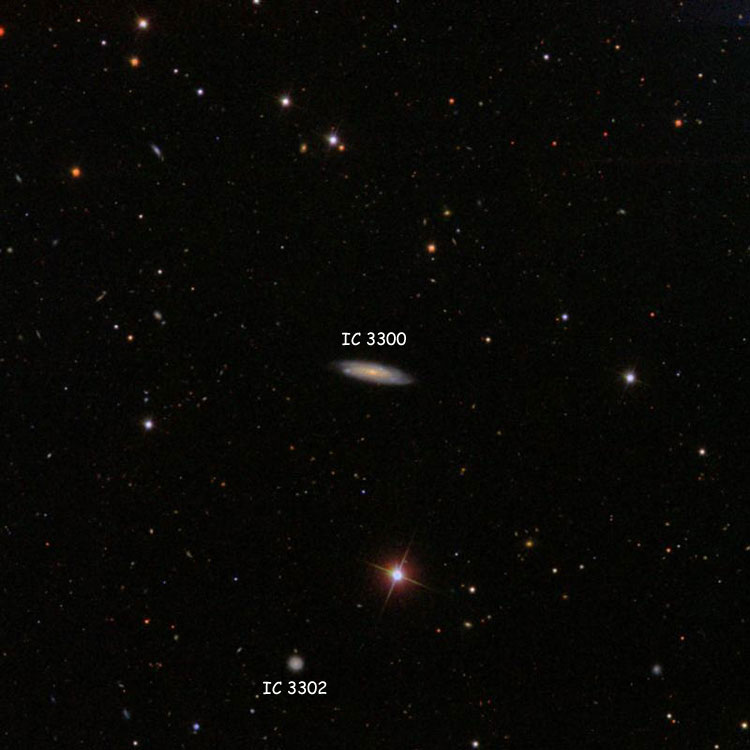 SDSS image of region near spiral galaxy IC 3300, also showing spiral galaxy IC 3302