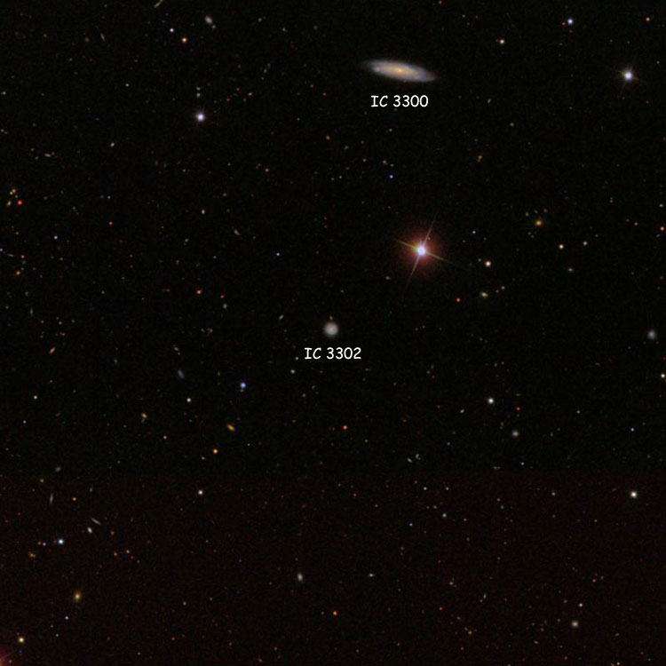 SDSS image of region near spiral galaxy IC 3302, also showing spiral galaxy IC 3300