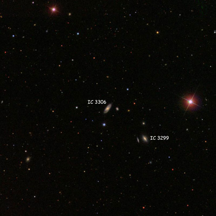 SDSS image of region near spiral galaxy IC 3306, also showing spiral galaxy IC 3299