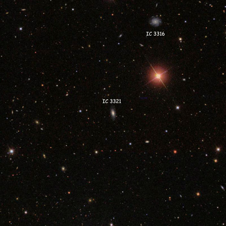SDSS image of region near lenticular galaxy IC 3321, also showing spiral galaxy IC 3316