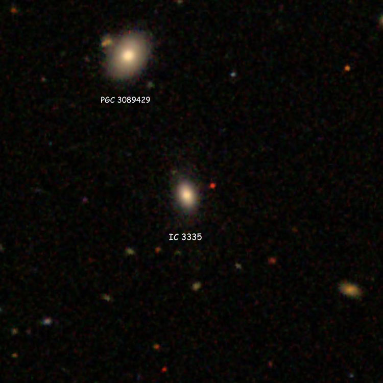 SDSS image of lenticular galaxy IC 3335, also showing lenticular galaxy PGC 3089429, which is sometimes mistaken for IC 3335