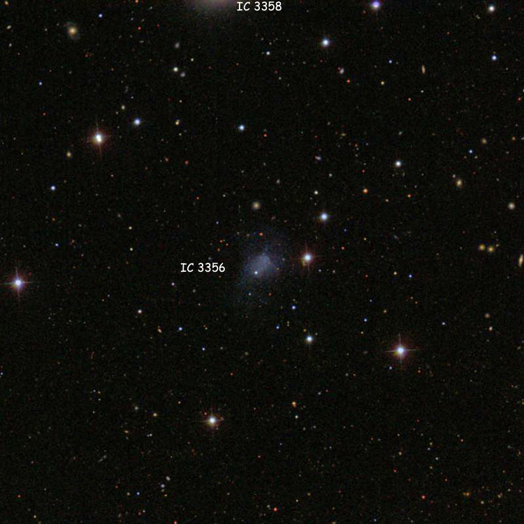 SDSS image of region near irregular galaxy IC 3356, also indicating the location of elliptical galaxy IC 3358