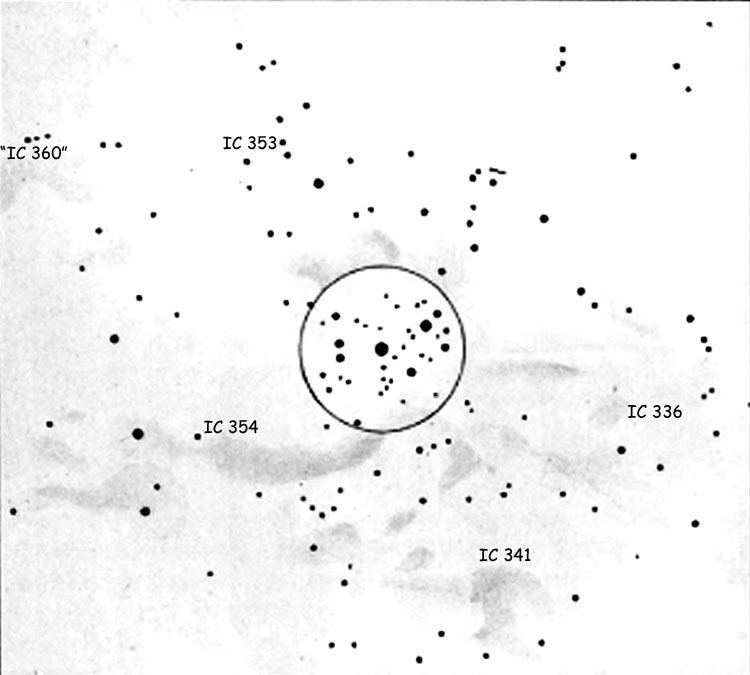 MNRAS 57,12,1897 sketch of nebulosity near the Pleiades labeled to show the location of emission nebulae IC 336, 341, 353, 354 and 360