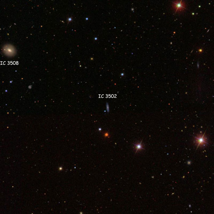SDSS image of region near spiral galaxy IC 3502, also showing lenticular galaxy IC 3508