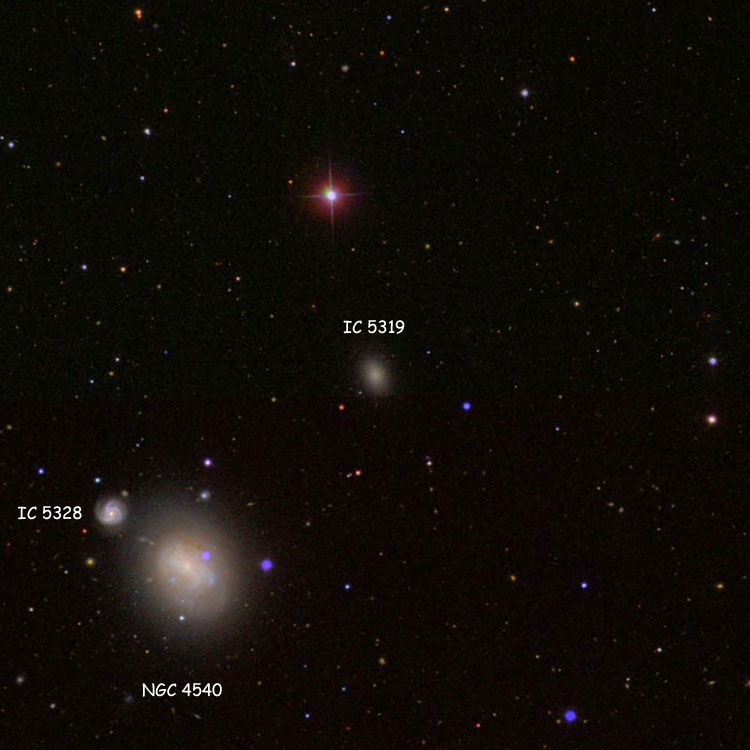 SDSS image of region near elliptical galaxy IC 3519, also showing spiral galaxies NGC 4540 and IC 3528