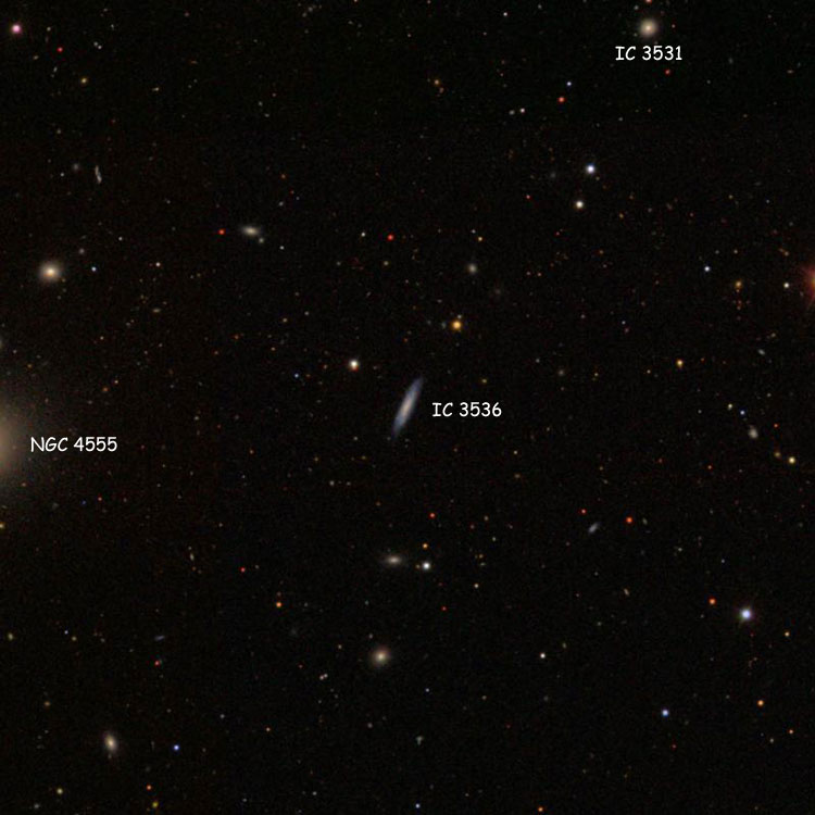 SDSS image of region near spiral galaxy IC 3536, also showing compact galaxy IC 3531 and elliptical galaxy NGC 4555
