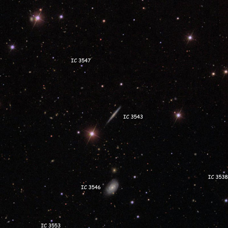 SDSS image of region near spiral galaxy IC 3543, also showing spiral galaxy IC 3546 and the stars listed as IC 3538, 3547 and 3553