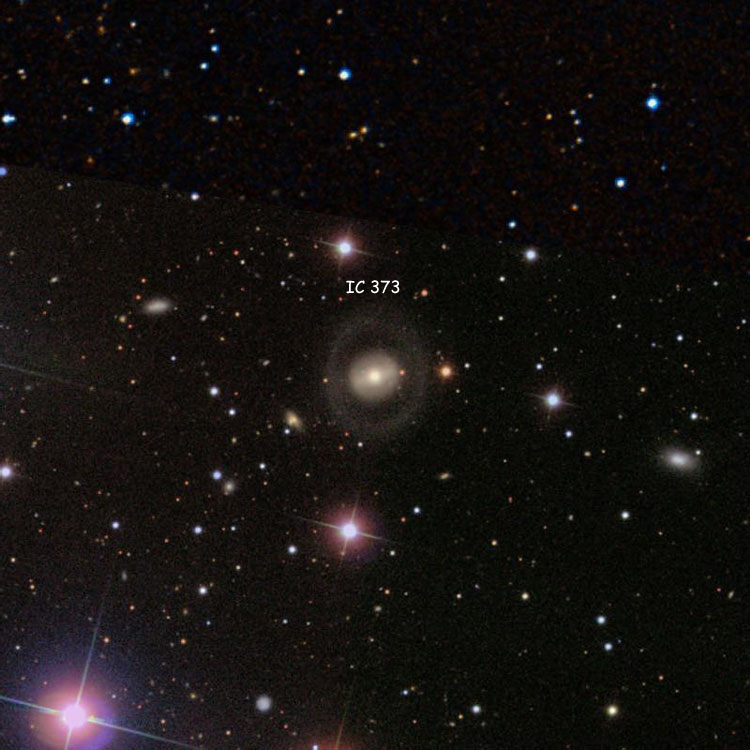 SDSS image of region near lenticular galaxy IC 373 overlaid on a DSS background to fill in missing areas