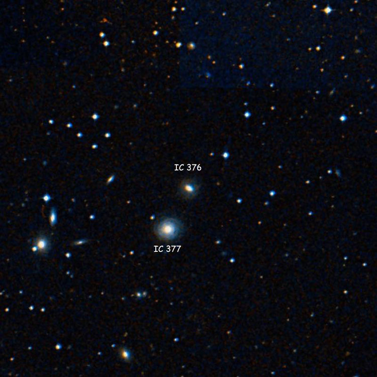 DSS image of region near lenticular galaxy IC 376, also showing IC 377 (which is often misidentified as IC 376)