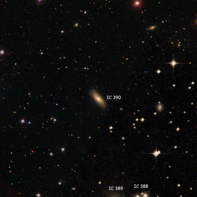 SDSS image of region near lenticular galaxy IC 390 overlaid on a DSS background to fill in missing areas; also shown are parts of IC 388 and IC 389