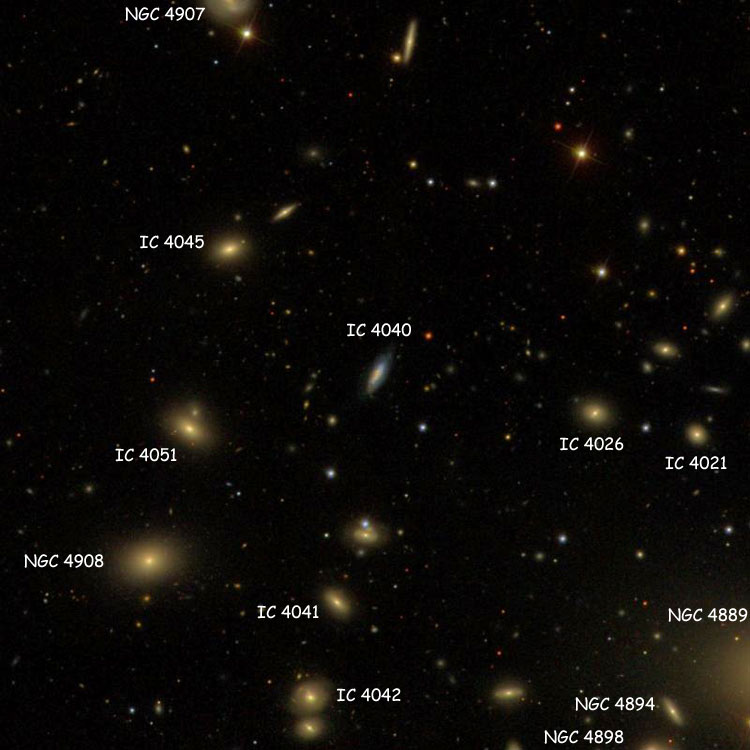 SDSS image of region near spiral galaxy IC 4040, also showing NGC 4889, NGC 4894, NGC 4898, NGC 4907, NGC 4908, IC 4021, IC 4026, IC 4041, IC 4042, IC 4045 and IC 4051