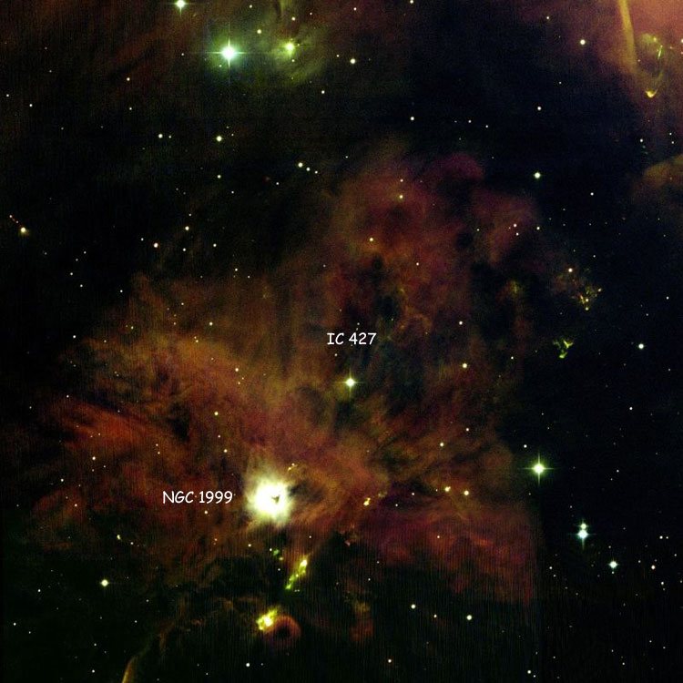 Labeled NOAO image of region near IC 427, also showing NGC 1999
