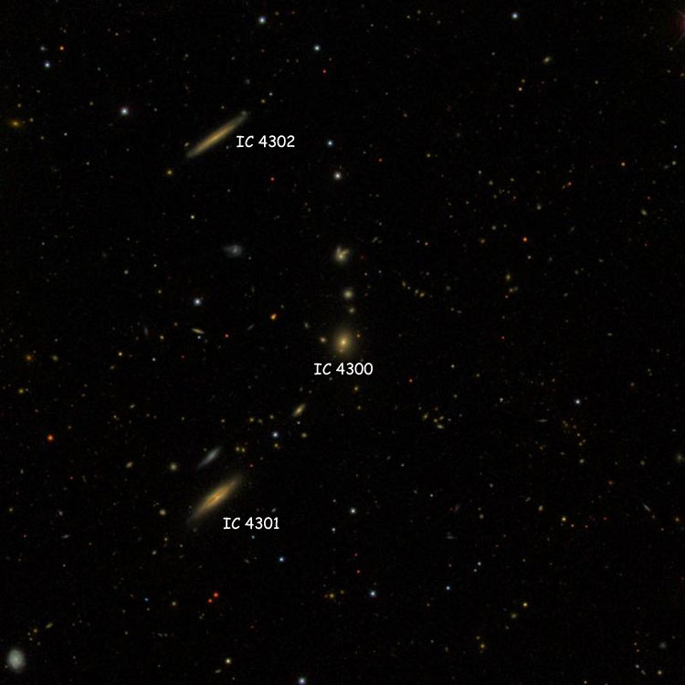 SDSS image of region near elliptical galaxy IC 4300, also showing IC 4301 and IC 4302