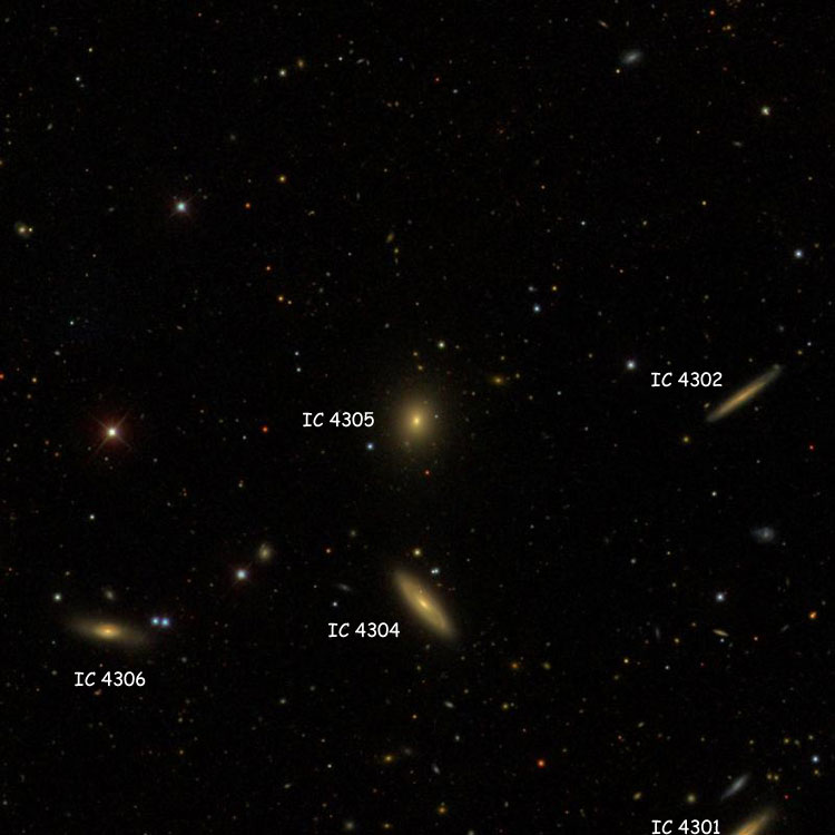 SDSS image of region near lenticular galaxy IC 4305, also showing IC 4301, IC 4302, IC 4304 and IC 4306