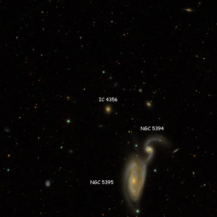 SDSS image of region near lenticular galaxy IC 4356, also showing NGC 5394 and NGC 5395, collectively known as Arp 84