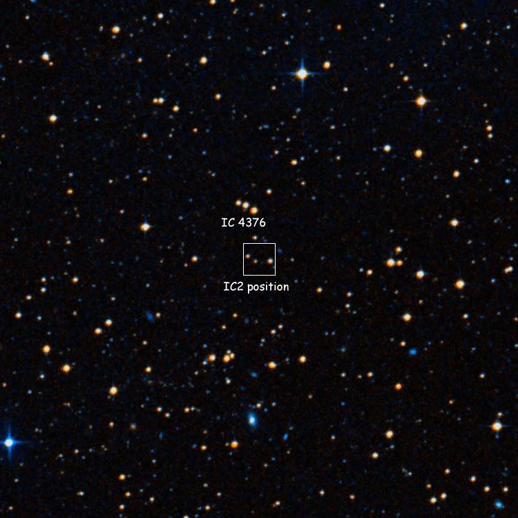 SDSS image of region near the line of stars presumed to be IC 4376, also showing the IC2 position for the object
