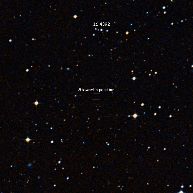 DSS image of region near Stewart's position for IC 4392, also showing the line of stars that is probably what he observed