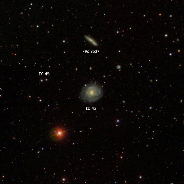 SDSS image of region near spiral galaxy IC 43, also showing the pair of stars listed as IC 45, and PGC 2537, a galaxy often misidentified as IC 45