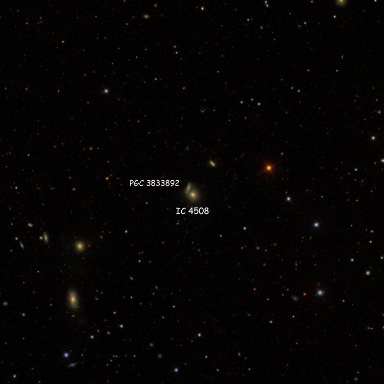 SDSS image of region near lenticular galaxy IC 4508, also showing spiral galaxy PGC 3833892