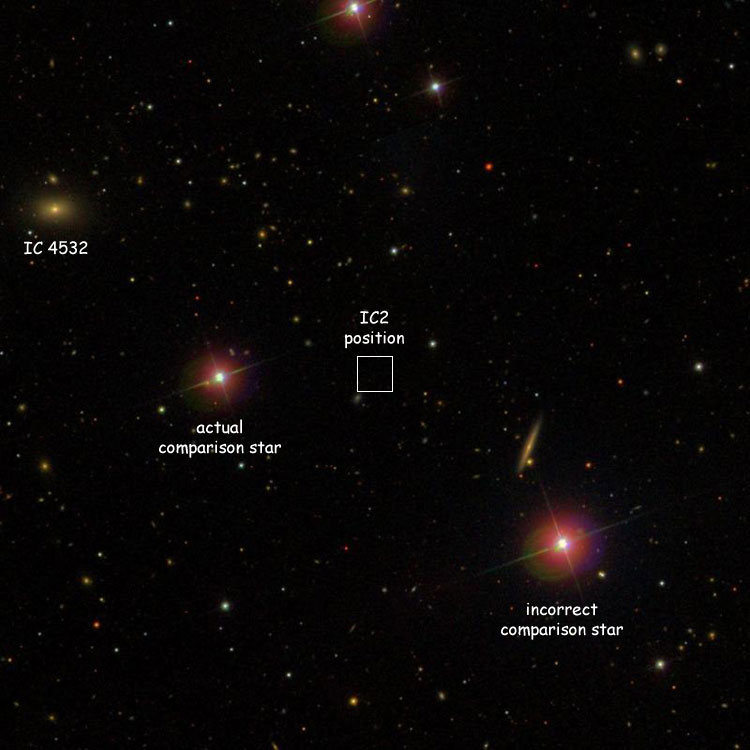 SDSS image of region near the IC2 position for IC 4532, showing the actual IC 4532 and the wrong and correct comparison stars