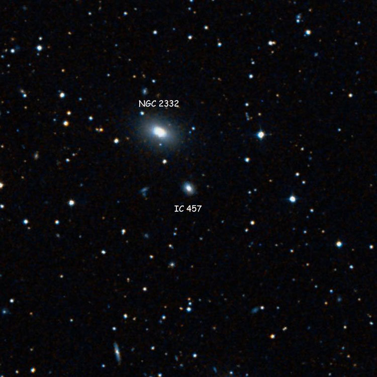 DSS image of region near elliptical galaxy IC 457, which may (or may not) be NGC 2330, also showing lenticular galaxy NGC 2332