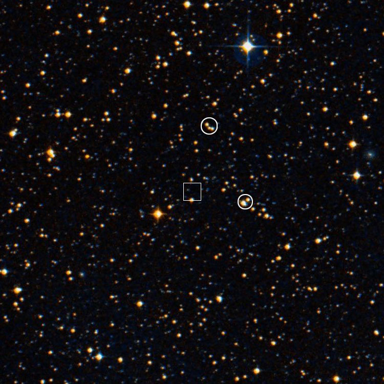 DSS image of region near Stewart's position for IC 4600, also showing the two triplets suggested by Corwin as the basis for the otherwise lost or nonexistent object