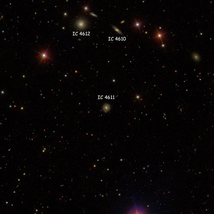 SDSS image of region near lenticular galaxy IC 4611, also showing IC 4610 and IC 4612