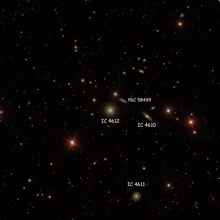 SDSS image of region near lenticular galaxy IC 4612, which is sometimes misidentified as IC 4610, also showing the correct IC 4610 and IC 4611, and PGC 58499, which is also sometimes misidentified as IC 4610