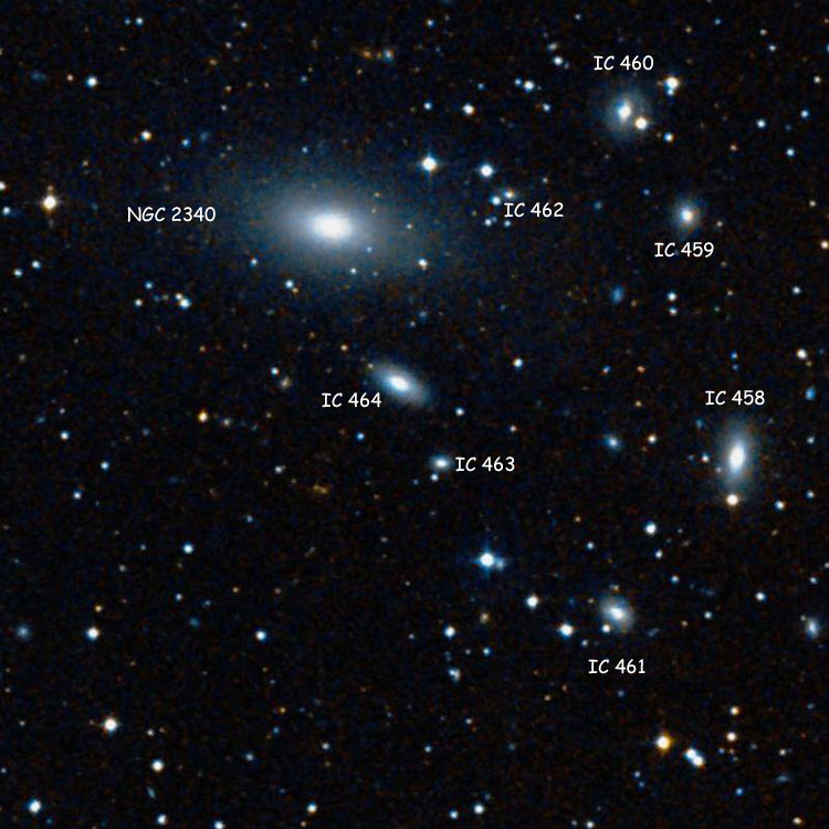 DSS image of region near spiral galaxy IC 463 and elliptical galaxy IC 464, also showing lenticular galaxies IC 458, 459, 460 and 461, elliptical galaxy NGC 2340, and the star (and companion galaxy) listed as IC 462