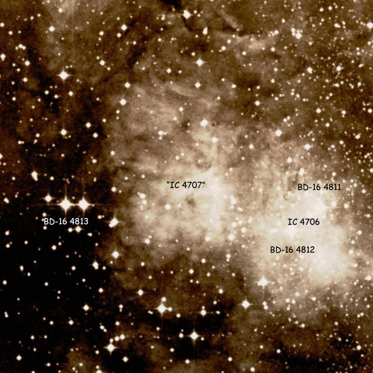 DSS image of region near the supposed IC 4707, showing that none of the stars used to define IC 4706 and 4707 have anything to do with the nebula