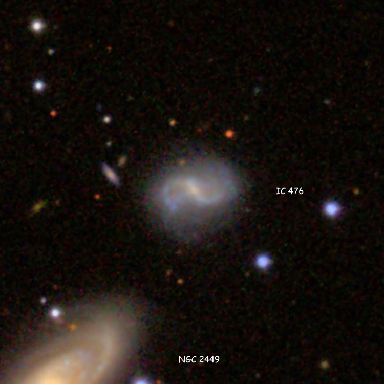 SDSS image of spiral galaxy IC 476, also showing part of spiral galaxy NGC 2449