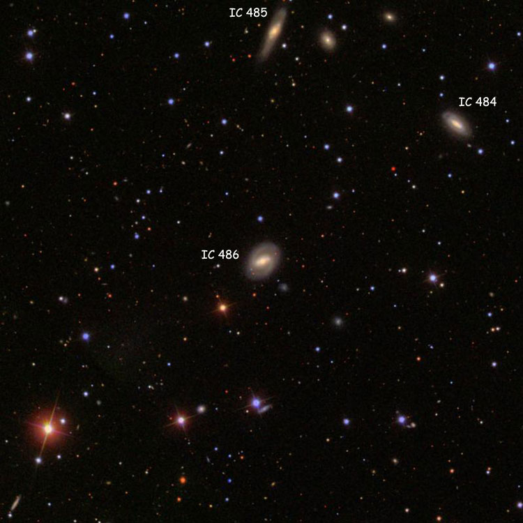 SDSS image of region near spiral galaxy IC 486, also showing spiral galaxies IC 484 and 485